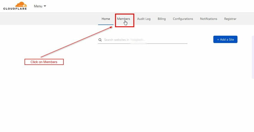 Click on members option from the top navigation bar in cloudflare