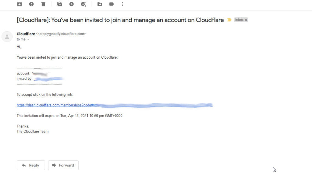 Cloudflare add user email invitation message sent to the user.