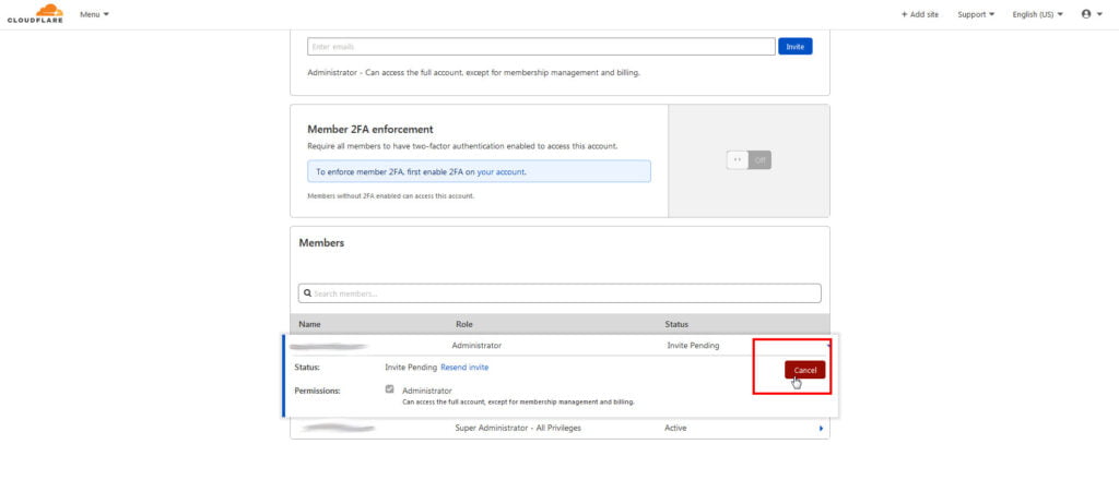 Cancel cloudflare add user invitation.