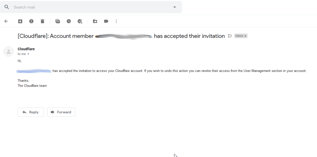 Cloudflare invitation accepted email notification to owner.