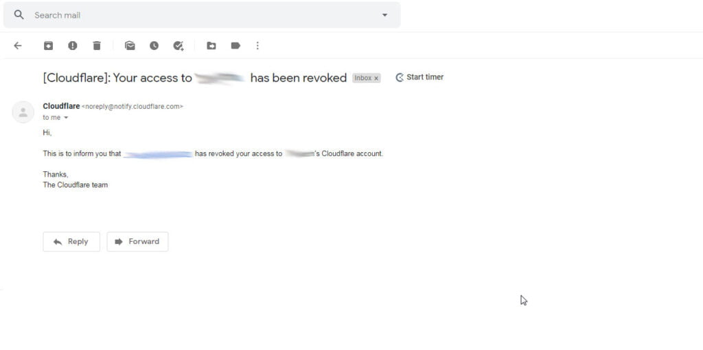 Cloudflare user access removed email notification sent to user.