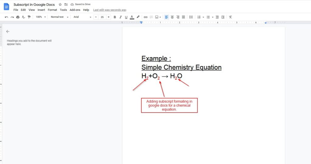 add subscript in google docs using format option