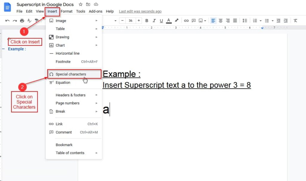 add superscript in google docs using insert option