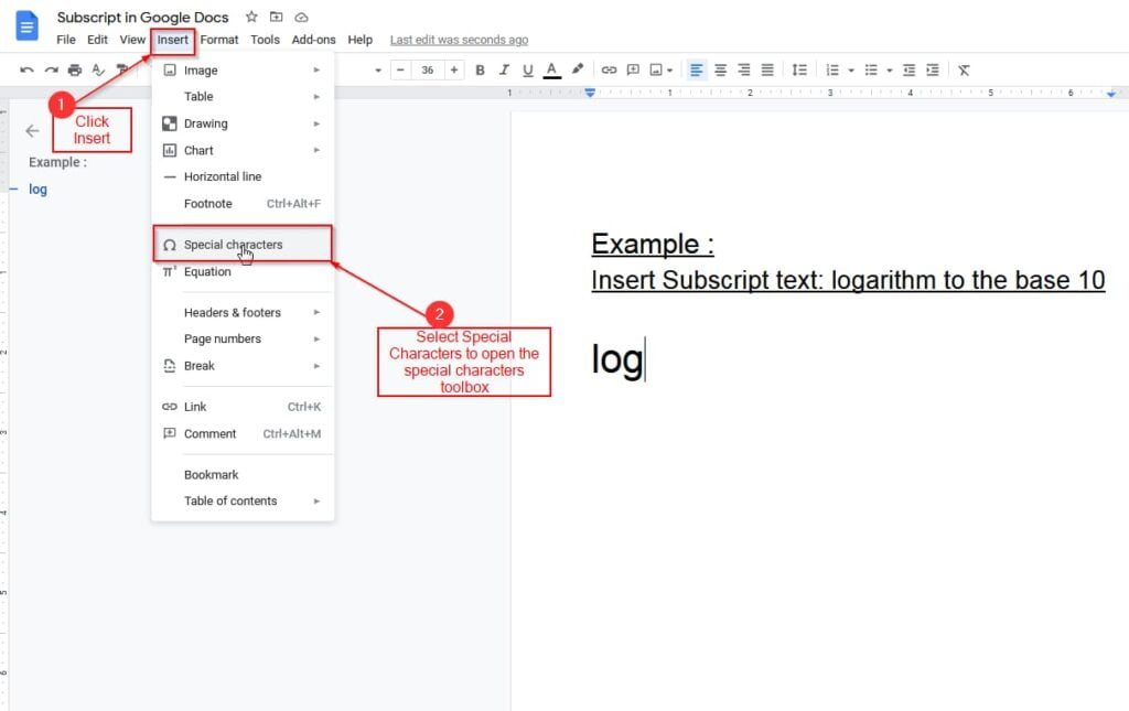 insert subscript using insert option in google docs