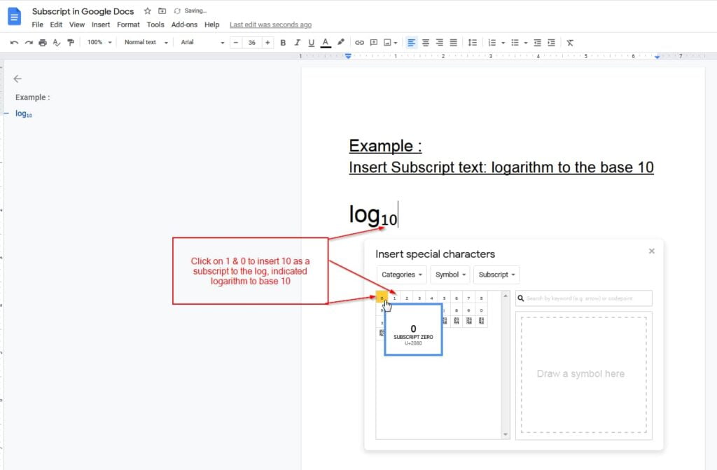 subscript added in google docs using the insert option