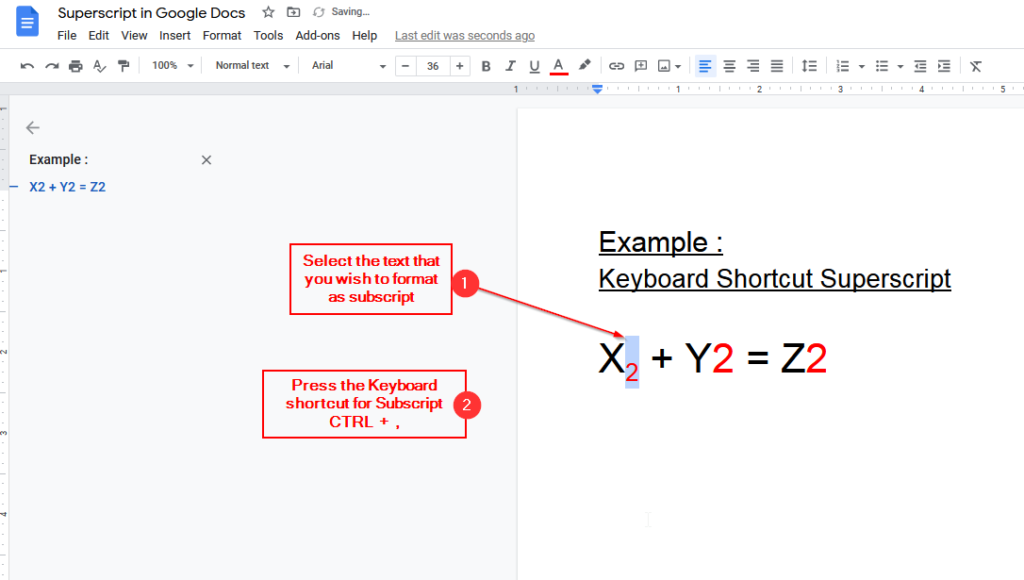 keyboard shortcut subscript google docs