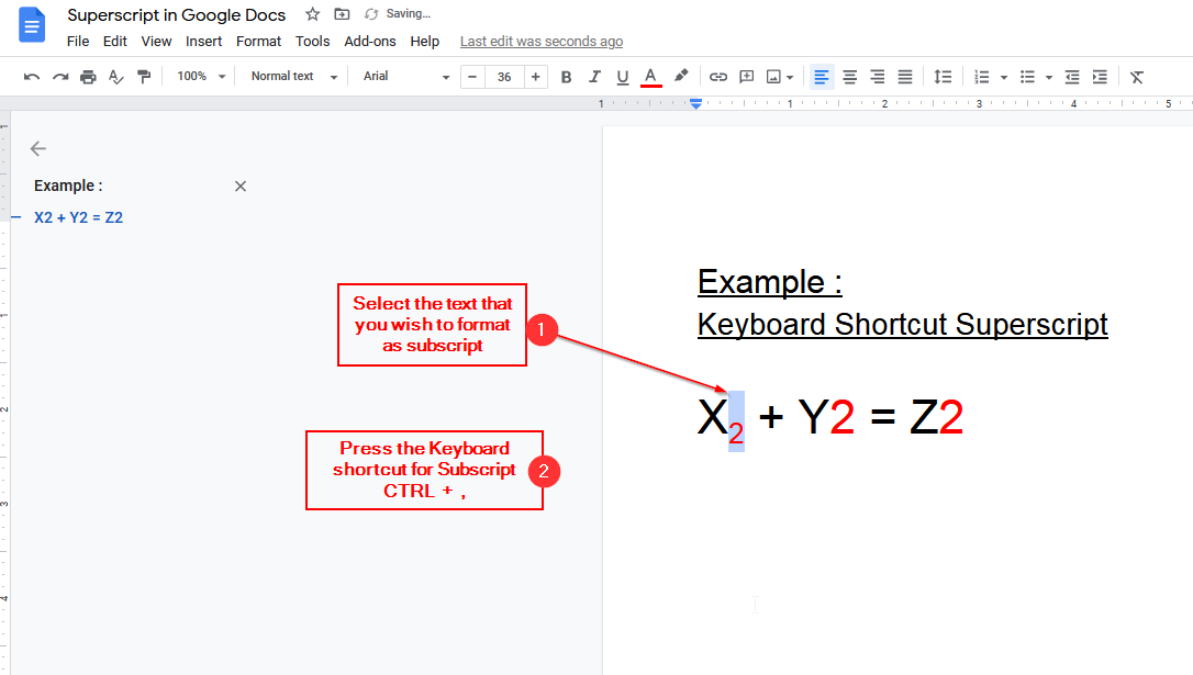 keyboard shortcuts for superscript mac google drive