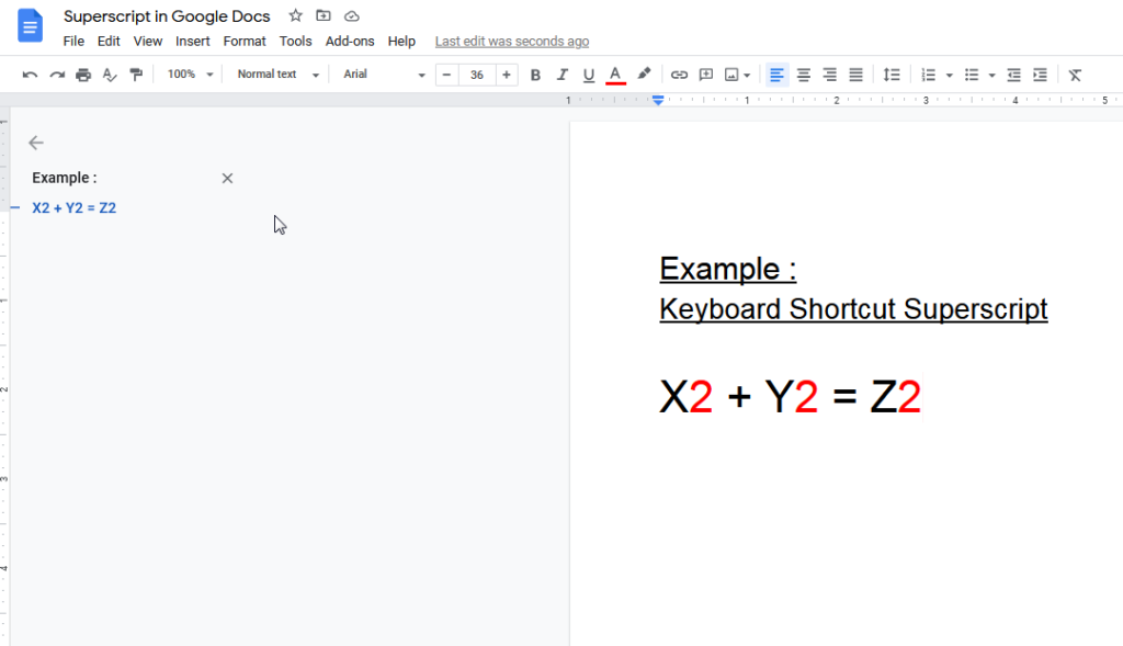 keyboard shortcut superscript google doc