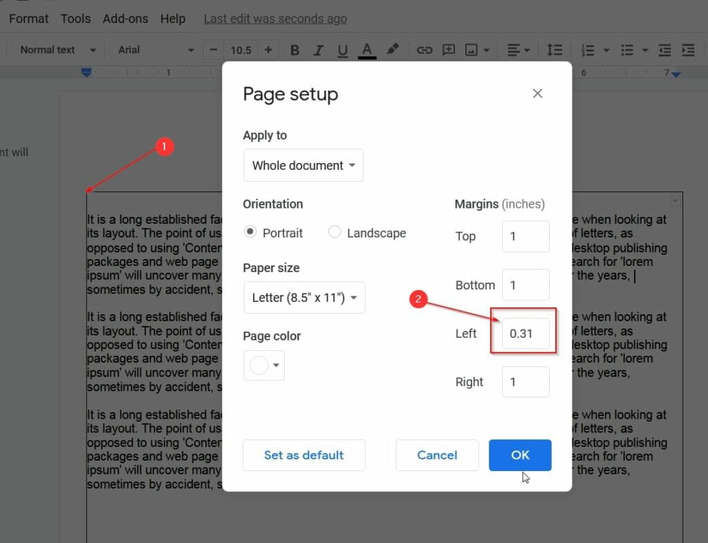 new margins take effect in google docs