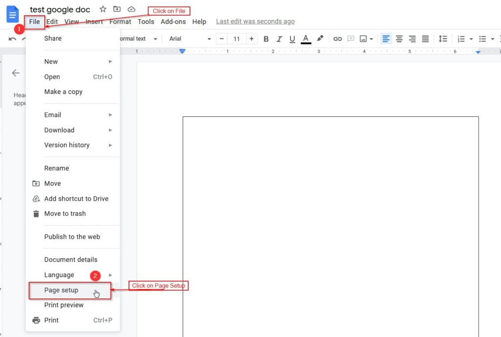 open page setup from google docs file menu