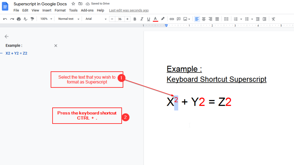 keyboard shortcut for Superscript in google docs