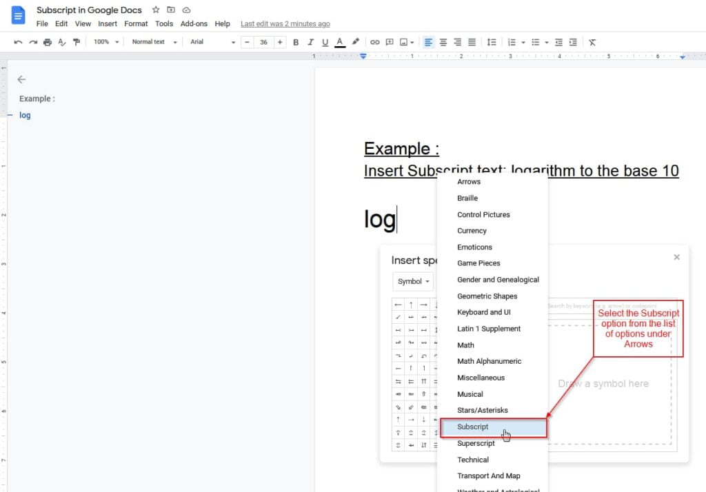 select subscript in the insert specical characters box