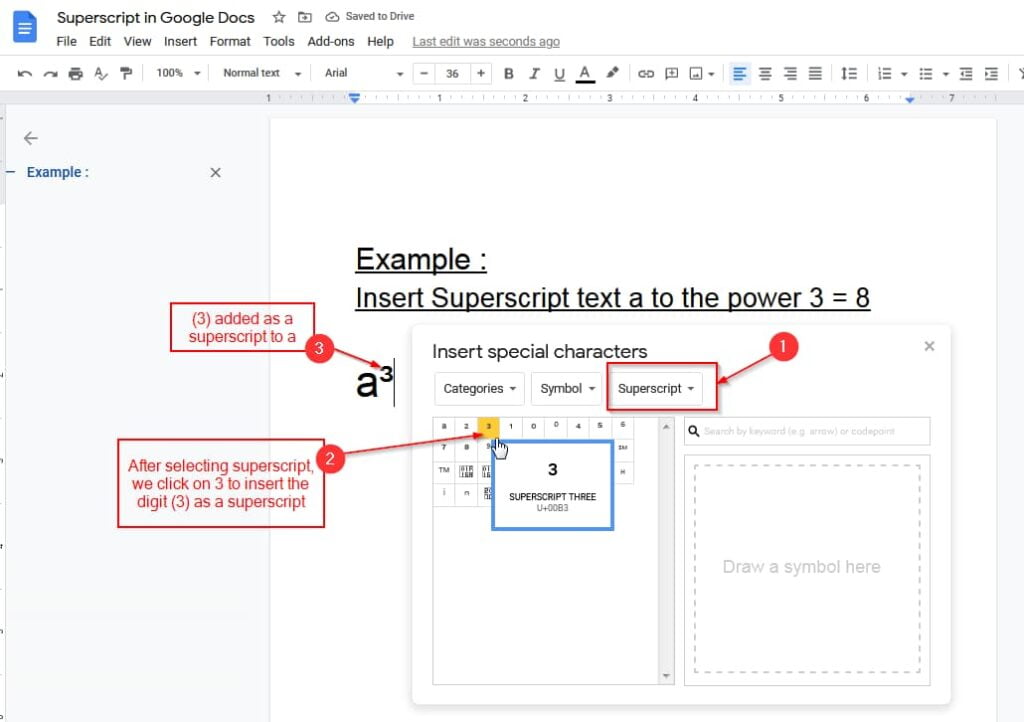 superscript added in google docs using the insert option