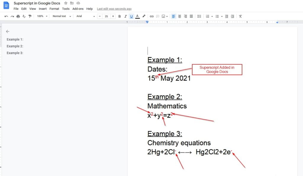 superscript added in Google docs using format option