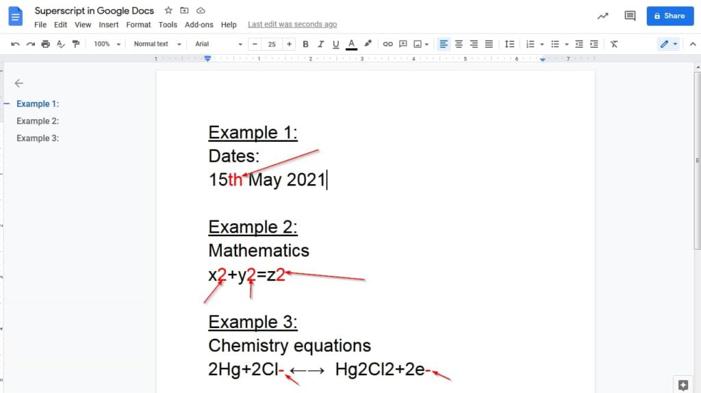 Superscript in google docs example