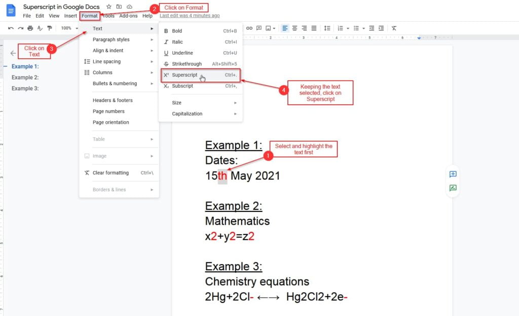 superscript google docs