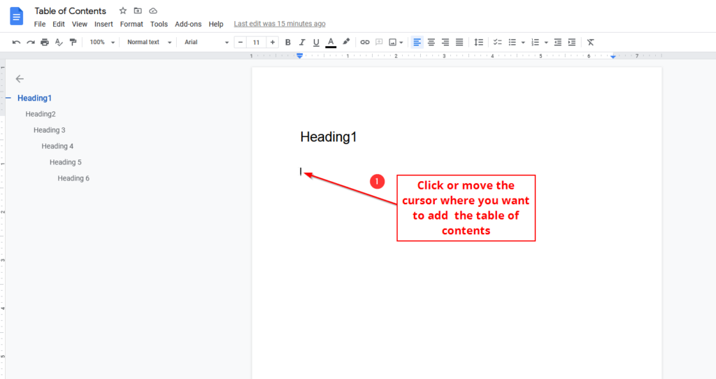 click to add table of content in google docs