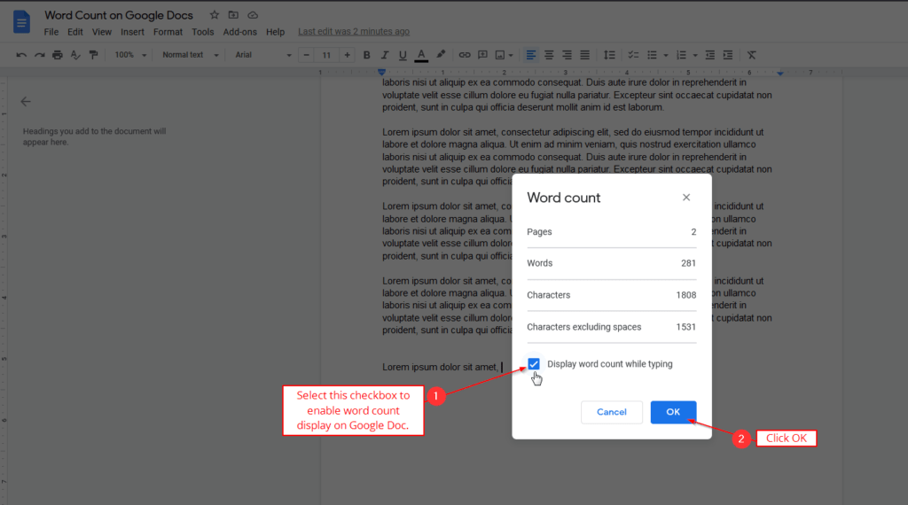 display word count while typing google docs