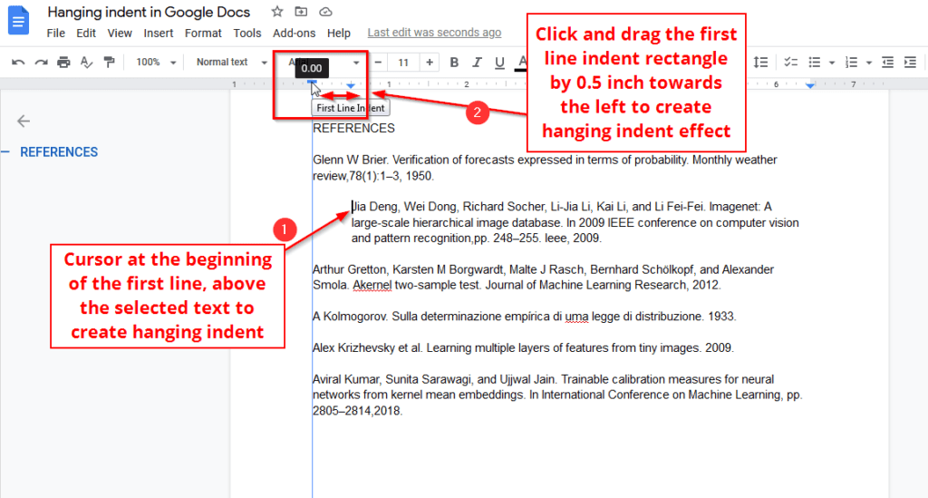 Drag first line indent rectangle on the ruler to create hanging indent