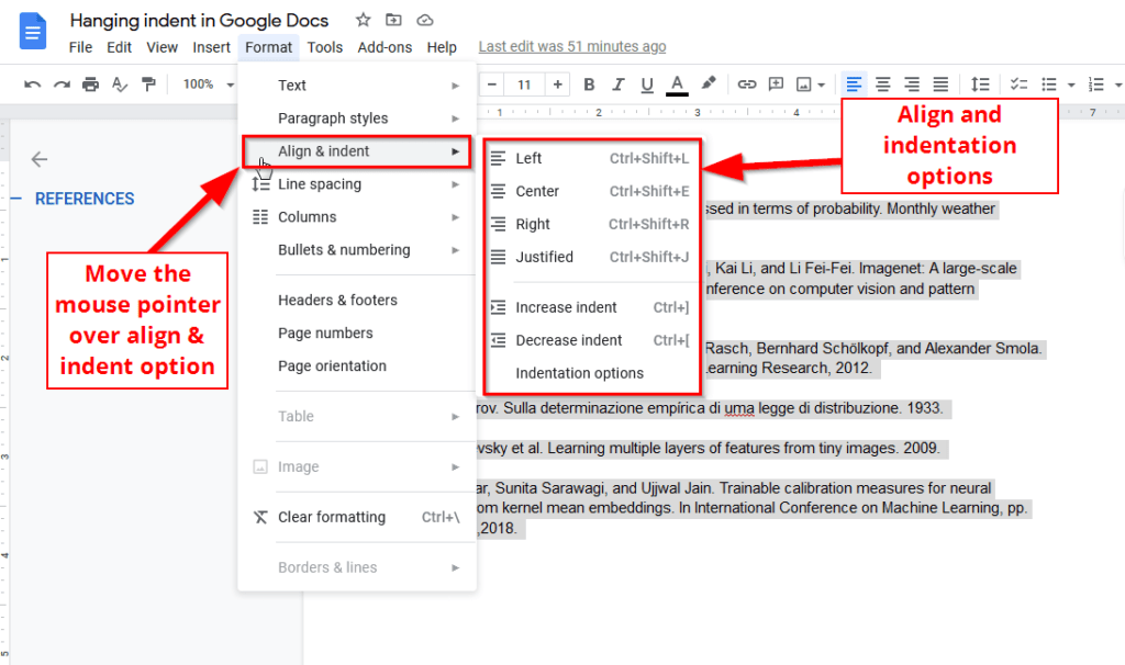 Google Docs align and indentation options hanging indent