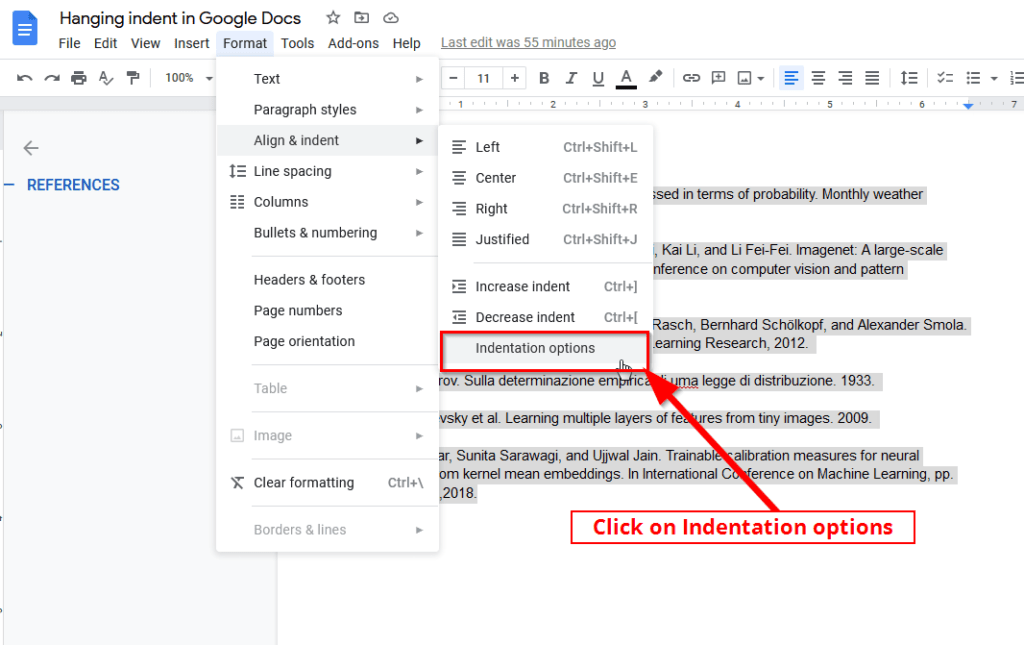 Google docs indentation options for hanging indent