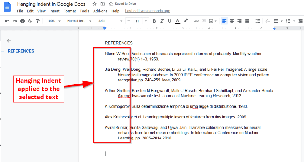 Applied hanging indent in google docs