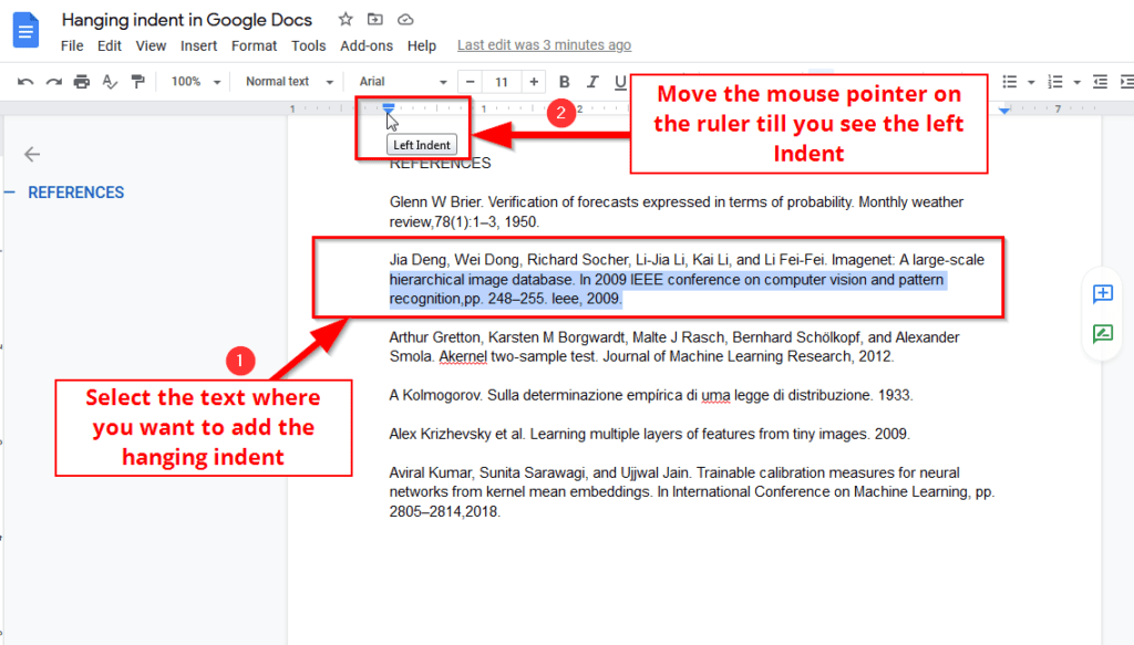 Hanging indent in google docs using ruler and indent controls