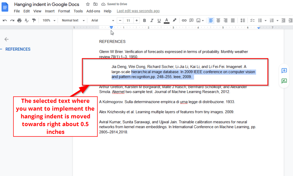 selected text moved towards right hanging indent google docs