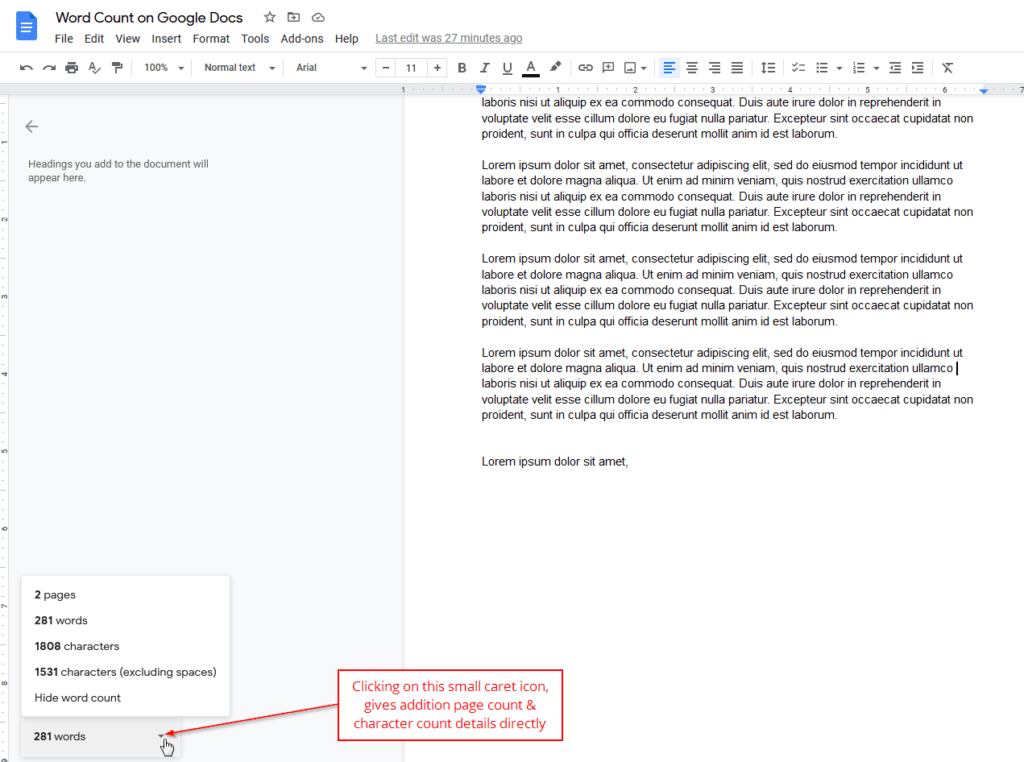 page count character count google docs