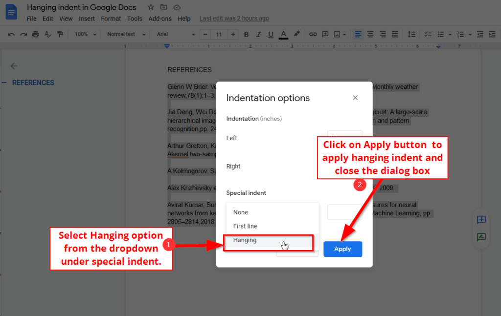 select hanging indent option Google Docs