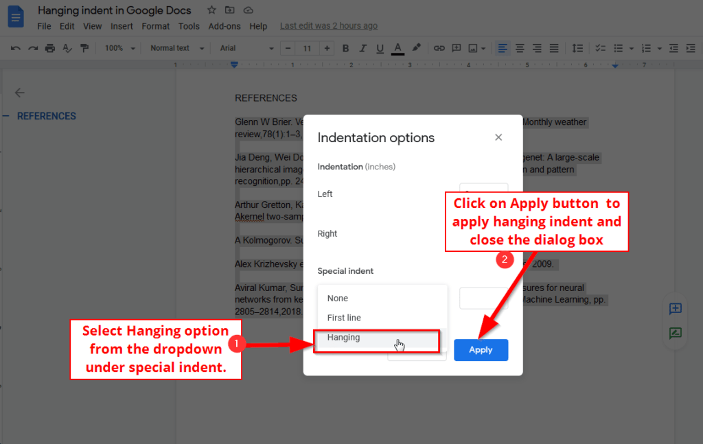 gogle docs indent options