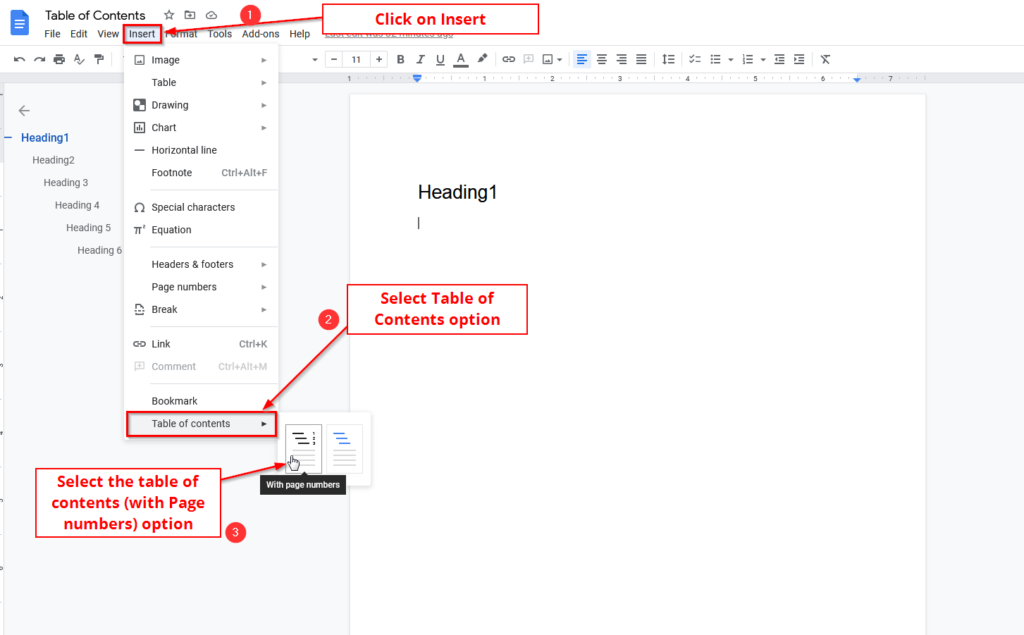 Select table of contents with page numbers option from insert menu