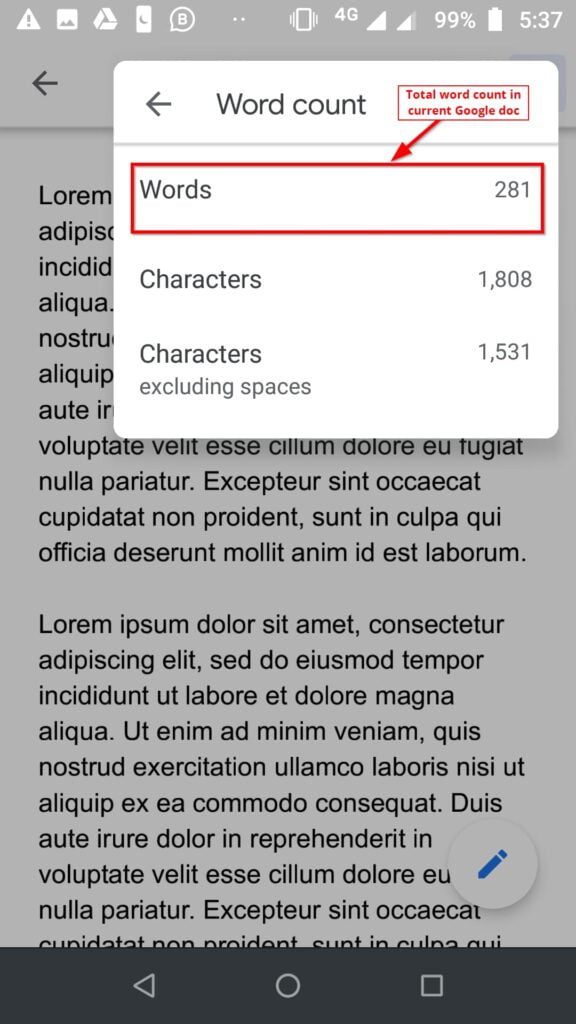 word count dialog box google doc mobile app