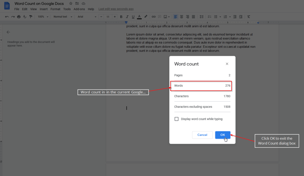 word count dialog box google docs