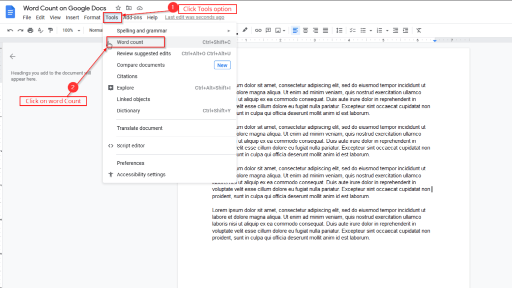 word count on google docs using tools option