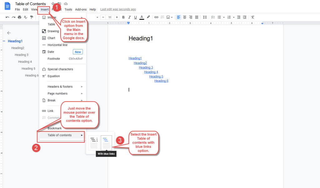 add table of contents in google docs with links