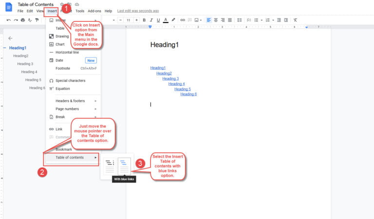 table of contents google docs with links