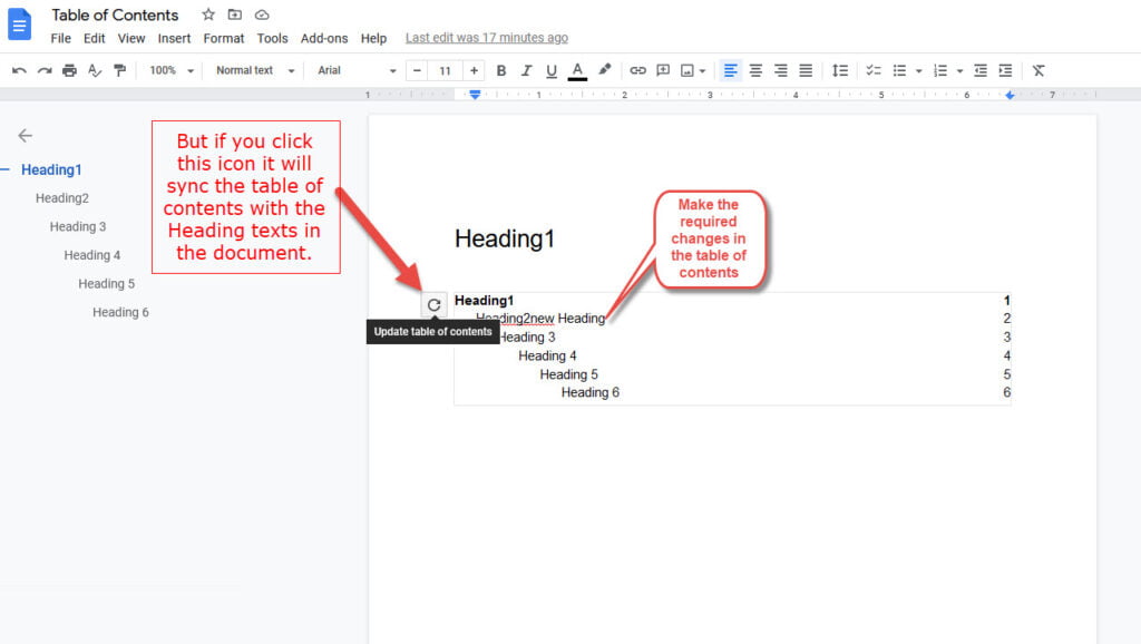 update table of contents google docs