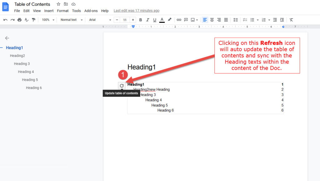 Auto update table of contents Google docs