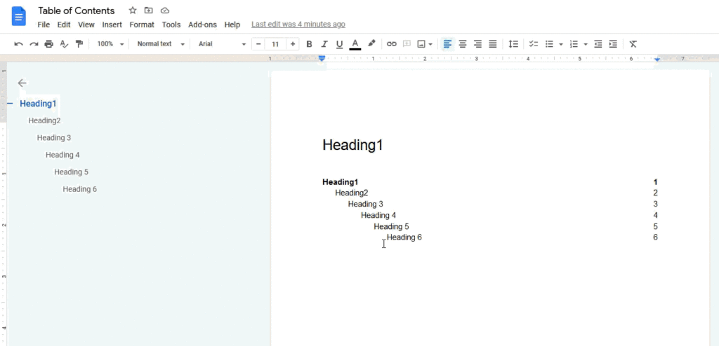Edit table of contents google docs